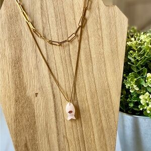 Stainless steel set of 2 Necklaces.  Paper clip chain & rose quart fish pendant